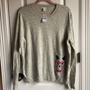 J.Crew Merino Wool Gray Kitty with Glasses Sweater